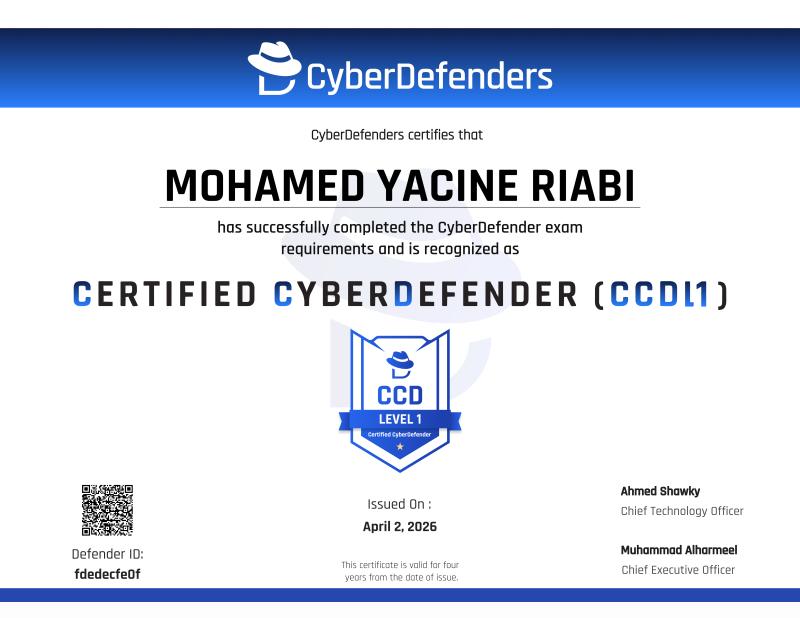 Certified CyberDefender Level 1 certificate