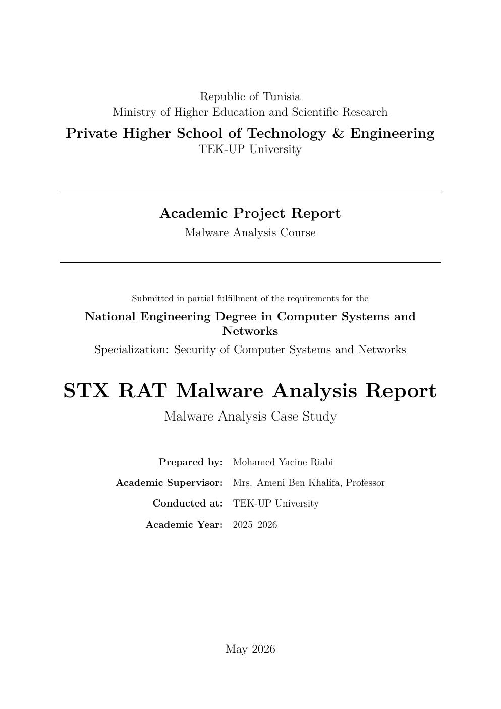 Cover of the STX RAT malware analysis academic report